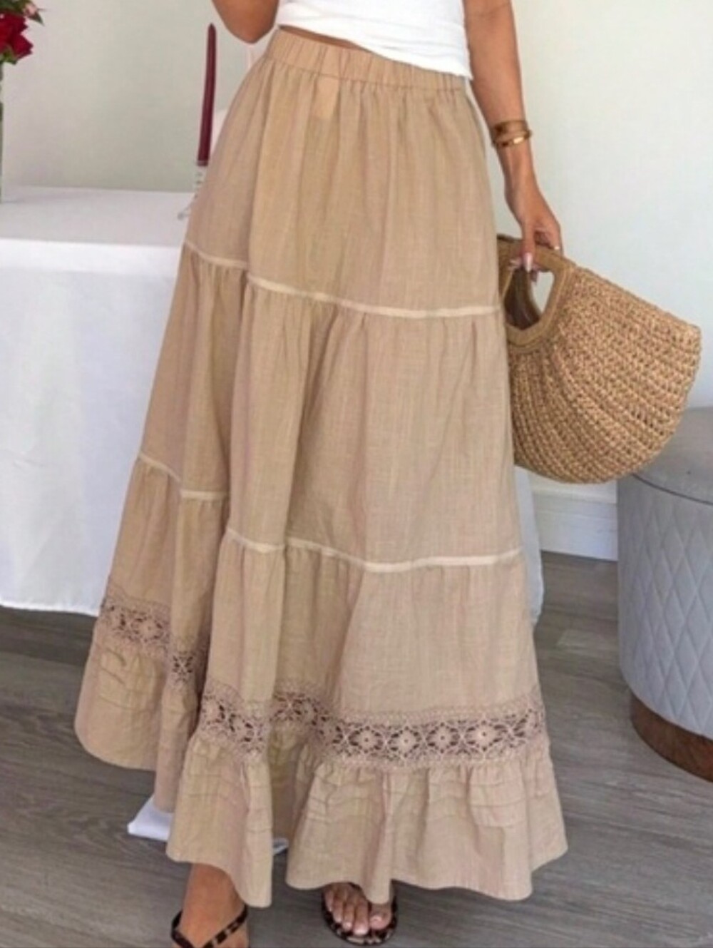 Beige Tiered Maxi Skirt with Lace Trim 100% Cotton